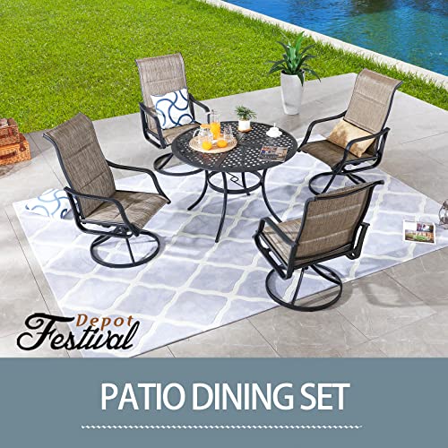 Festival Depot 5 Pieces Patio Dining Conversation Set, 4 Swivel Bistro Armrest Chair & 1 Round Metal Table with 2.04" Umbrella Hole for Deck Poolside Porch Backyard
