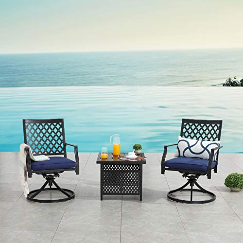 bistro patio set with umbrella Festival Depot Outdoor Furniture 3 Piece Patio Dining Set of 2 Swivel Chairs with Cushions and 1 Metal Bistro Side Table with Umbrella Hole for Deck Porch Yard, Blue