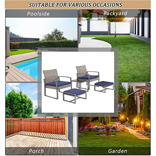 Festival Depot 5 PC Outdoor Patio Conversation Set Chairs Cushions Ottomans Set with Coffee Square Table Metal Frame Furniture Garden Bistro Poolside Deck Garden Blue Cushion