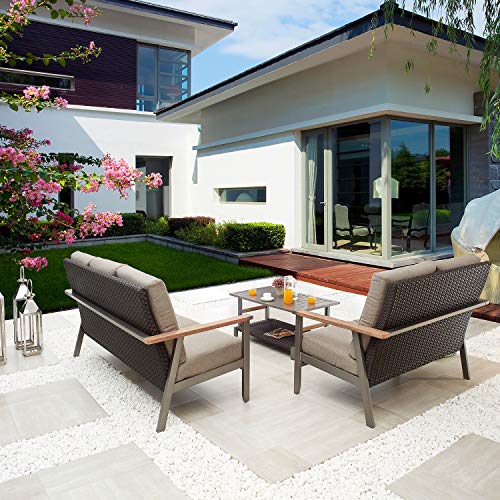Festival Depot 3pcs Patio Conversation Set Wicker Armchair All Weather Rattan Loveseat 3-Seater Sofa with Grey Thick Cushions and Coffee Table in Metal Frame Outdoor Furniture for Deck Poolside