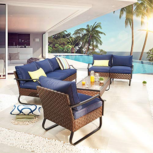 Festival Depot 7 Pieces Patio Conversation Sets Loveseat Outdoor Furniture Sectional Sofa with All-Weather PE Rattan Wicker Back Armchair, Coffee Table and Soft Removable Couch Cushions (Blue)