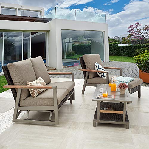 Festival Depot 4pcs Patio Conversation Set Wicker Armchair All Weather Rattan Glider Loveseat Ottoman with Grey Thick Cushions Coffee Table in Metal Frame Outdoor Furniture for Deck Poolside