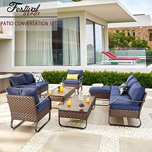 Festival Depot 10 Pcs Patio Conversation Sets Outdoor Furniture Sectional Corner Sofa with All-Weather PE Rattan Wicker Chair Loveseat, Coffee Table and Thick Soft Removable Couch Cushions (Blue)