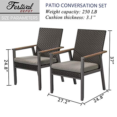 Festival Depot 2pcs Patio Armchair Set Metal Chair with Seat Cushions and Rattan Wicker Back Outdoor Furniture for Bistro Lawn Garden All-Weather