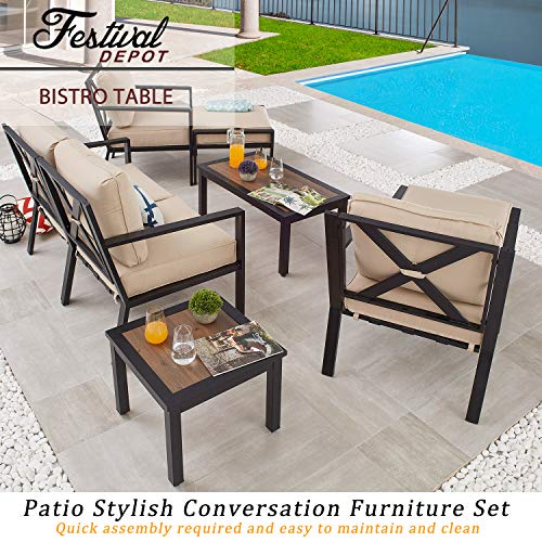Festival Depot Outdoor Patio Side/End Table Metal Square with Wooden Finish Table Top and Steel Legs for Poolside Deck Garden (Brown)