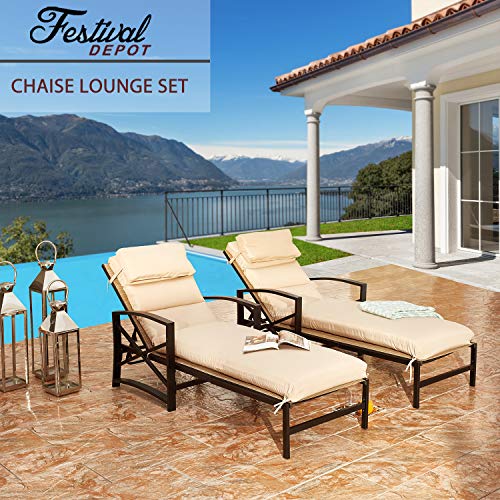 Festival Depot 1 Pieces Patio Outdoor Chaise Lounge Recliner Chairs with Cushions Set Premium Fabric Metal Frame Furniture Garden Bistro Soft Headrests