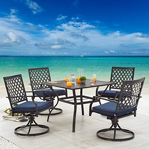 Festival Depot Patio Dining Set 5-Piece Outdoor Metal Furniture Set, 4 Swivel Chairs and 1 Square Dining Table with 1.61" Umbrella Hole for Porch Lawn Garden Balcony Pool Backyard, Black