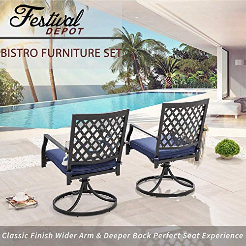 Festival Depot 2 Pcs Patio Outdoor Metal 360 Swivel Rocker Chairs Furniture All-Weather Bistro Set Dining Chairs with Removable Thick Cushion, for Deck Garden Pool Two Color
