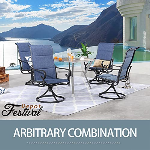 Festival Depot 5 Pieces Patio Dining Conversation Set, Outdoor Furniture 4 Swivel Bistro Armrest Chair & 1 Square Metal Table with 2.16" Umbrella Hole for Deck Poolside Porch Backyard (Blue)