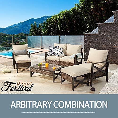 Festival Depot 3 Pieces Patio Furniture Set All-Weather Rattan Wicker Metal Frame Sofa Chair Outdoor Conversation Set Sectional Corner Couch with Cushions and Coffee Table for Deck Poolside