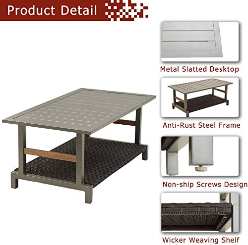 Festival Depot Patio Coffee Table Rectangle Dining Table Metal Slatted Top Table with Wicker Rattan Storage Shelf Outdoor Furniture for Garden Yard, Grey