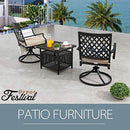 Festival Depot Outdoor Furniture 3 Piece Patio Dining Set of 2 Swivel Chairs with Cushions and 1 Metal Bistro Side Table with Umbrella Hole for Deck Porch Yard, Beige