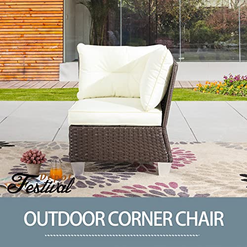 Festival Depot Patio Rattan Wicker Single Sofa Outdoor Sectional Chair with Removable Cushion Metal Frame All Weather Waterproof Furniture Seating for Garden Yard Lawn Pool (Beige)