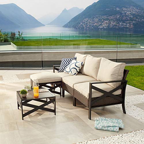 Festival Depot 5 Pieces Patio Conversation Set Outdoor Furniture Sectional Sofa with All-Weather Brown PE Rattan Wicker Back Chair, Coffee Table, Ottoman and Thick Soft Removable Couch Cushions