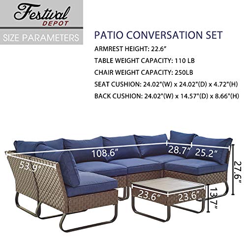 Festival Depot 7 Pieces Patio Outdoor Furniture Conversation Sets Sectional Corner Sofa with All-Weather PE Rattan Wicker Back Chair, Coffee Side Table and Soft Removable Couch Cushions (Blue)
