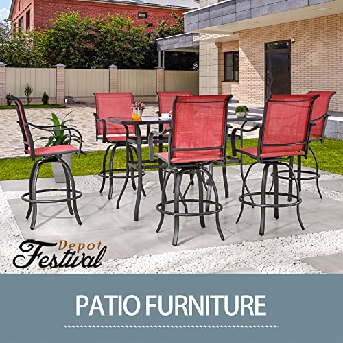 Festival Depot 8pcs Outdoor Patio Dining Furniture Sets Bar Bistro High Stools 360° Swivel Chairs with Slatted Steel Curved Armrest Coffee Table Tempered Glass Desktop (6 Chairs,2 Table)