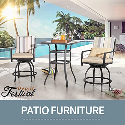 Festival Depot 3 Pcs Outdoor Furniture Bar Stools Set of 2 Swivel Chairs with Cushions and 1 High Bistro Tables with Tempered Glass Tabletop in Metal Frame (Beige)