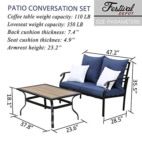 Festival Depot 2 Pieces Patio Set Loveseat with Seat Back Cushions and Pillows and Coffee Table Outdoor Furniture Metal Conversation Set for Garden Backyard Porch