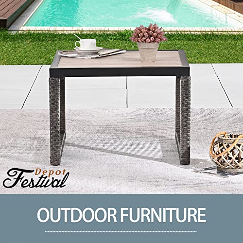 Festival Depot Wicker Patio Side Table All-Weather Metal Square Dining Coffee Table Waterproof Outdoor Sectional Furniture with DPC Desktop for Bistro Balcony Garden Pool Lawn Backyard