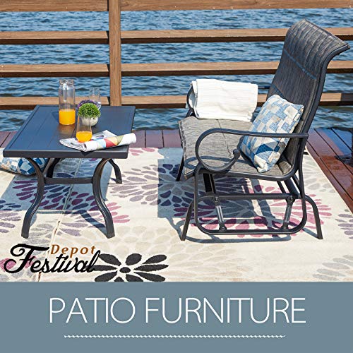 Festival Depot 2pcs Outdoor Furniture Patio Conversation Set Metal Coffee Table Loveseat Armchairs Glider with Textilene Fabric Without Pillows for Lawn Beach Backyard Pool, Grey