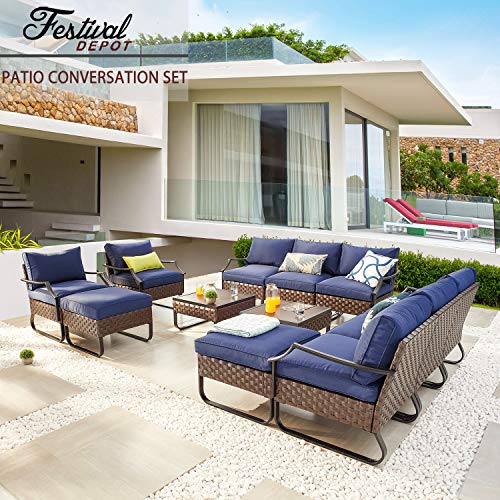 Festival Depot 12 Pcs Patio Conversation Sets Outdoor Furniture Sectional Sofa with All-Weather PE Rattan Wicker Chair,Loveseat Coffee Table and Thick Soft Removable Couch Cushions(Blue)