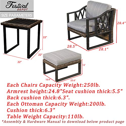 Festival Depot 5 Pcs Bistro Outdoor Patio Furniture Conversation Set Wicker Rattan Armchairs Rectangle Ottoman with Premium Fabric Cushion Square Side Coffee Table with Metal Slatted Steel Legs Frame