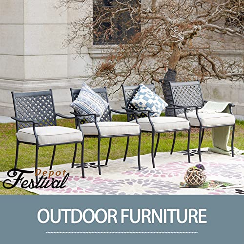 Festival Depot 8-Piece Outdoor Patio Furniture Outdoor Wrought Iron Dining Chairs Set for Porch Lawn Garden Balcony Pool Backyard with Arms and Cushions (8Pcs, Beige)