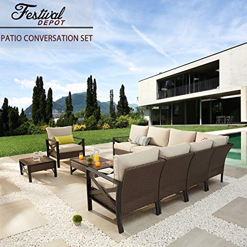 Festival Depot 10 Pcs Patio Outdoor Furniture Conversation Set Sectional Corner Sofa with All-Weather Brown PE Rattan Wicker Back Chair, Coffee Side Table and Thick Removable Couch Cushions