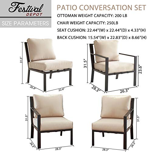 Festival Depot 10-Pieces Patio Outdoor Furniture Conversation Sets Loveseat Sectional Sofa, All-Weather Black X Slatted Back Chair with Coffee Table and Removable Couch Cushions (Beige)