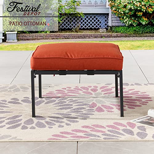 Festival Depot Patio Ottoman with Metal Footstool Thick Cushion All Weather Sectional Conversation Furniture for Backyard Pool Deck Garden (Red)