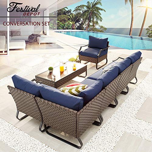 Festival Depot 7 Pieces Patio Conversation Sets Outdoor Furniture Sectional Corner Sofa with All-Weather PE Rattan Wicker Back Armchair, Coffee Table and Thick Soft Removable Couch Cushions (Blue)