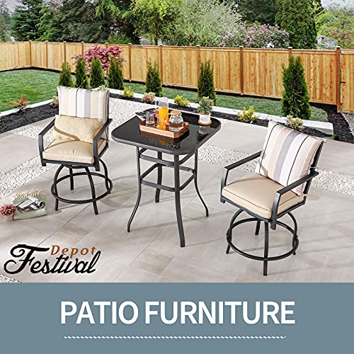Festival Depot 3 Pcs Outdoor Furniture Bar Stools Set of 2 Swivel Chairs with Cushions and 1 High Bistro Tables with Tempered Glass Tabletop in Metal Frame (Beige)