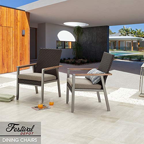 Festival Depot 2pcs Patio Armchair Set Metal Chair with Seat Cushions and Rattan Wicker Back Outdoor Furniture for Bistro Lawn Garden All-Weather