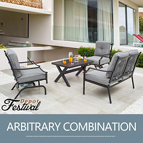 Festival Depot 3-Piece Outdoor Patio Armrest Chairs Set Garden Bistro Square Metal Table and Seating Set with Thick Cushions