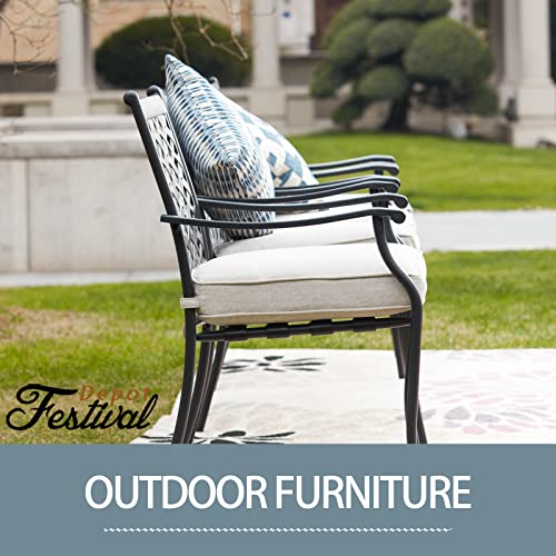 Festival Depot 8-Piece Outdoor Patio Furniture Outdoor Wrought Iron Dining Chairs Set for Porch Lawn Garden Balcony Pool Backyard with Arms and Cushions (8Pcs, Beige)