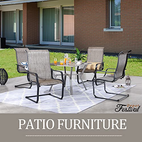 Festival Depot 5 Pieces Patio Dining Set of 4 High Back Chairs with Textilene Fabric and 1 Square Metal Table with 2.16" Umbrella Hole for Backyard Deck Garden