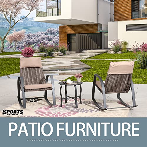 Sports Festival 3-Piece Outdoor Rattan Bistro Chair Set Patio Furniture, 2 Rocking Armchair with Woven Wicker Seat, Cushions and Metal Side Table for Garden, Lawn, Porch, Yard, and Balcony