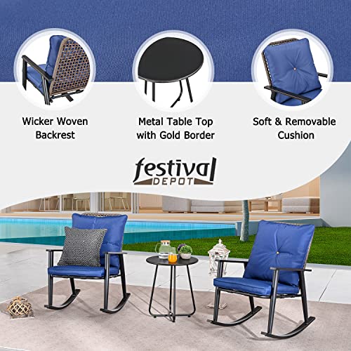 Deluxe 3 Piece Blue PE Wicker Rocking Chair Bistro Set with Cushions and Metal Coffee Table