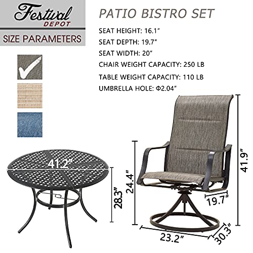 Festival Depot 5 Pieces Patio Dining Conversation Set, 4 Swivel Bistro Armrest Chair & 1 Round Metal Table with 2.04" Umbrella Hole for Deck Poolside Porch Backyard