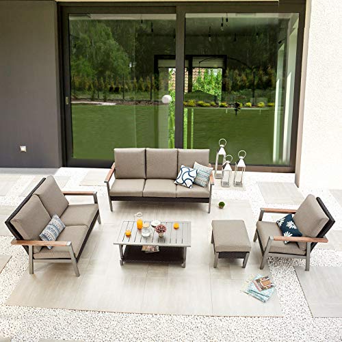 Festival Depot 5pcs Patio Conversation Set Wicker Armchair All Weather Rattan Loveseat 3-Seater Sofa with Thick Cushions in Metal Frame Coffee Table Outdoor Furniture for Deck