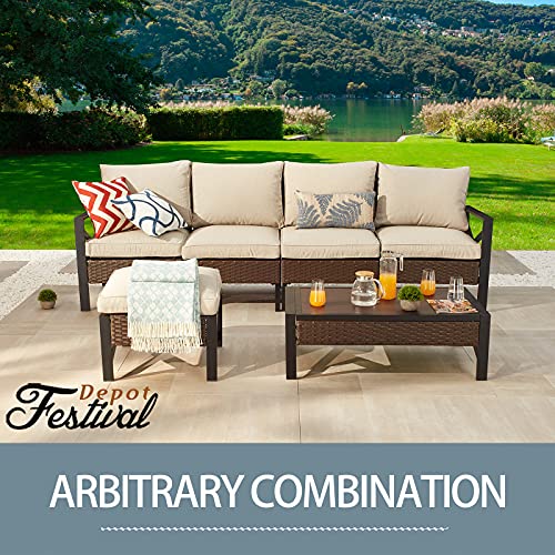 Festival Depot Patio Coffee Table Outdoor Furniture with X Shaped Metal Leg, All-Weather Wicker and Wooden Finish Grain Table Top for Backyard Poolside Deck Porch (Rectangle Brown) (B-PF20208-new1)