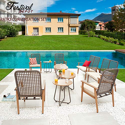 Festival Depot 10 Pieces Patio Outdoor Furniture Conversation Set with Metal Side Coffee Side Table Wooden-Color Steel Wicker Weaving Mesh Back Armchair with Cushions (Khaki)