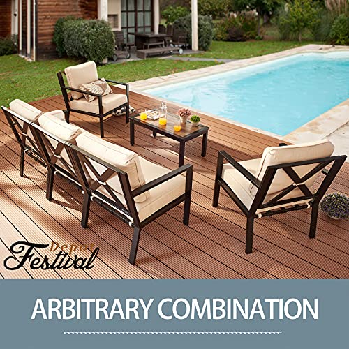 Festival Depot 5 Pieces Patio Furniture Set All-Weather Polyester Fabrics Metal Frame Sofa Outdoor Conversation Set Sectional Corner Couch with Cushions & Coffee Table for Deck Poolside Balcony(Beige)