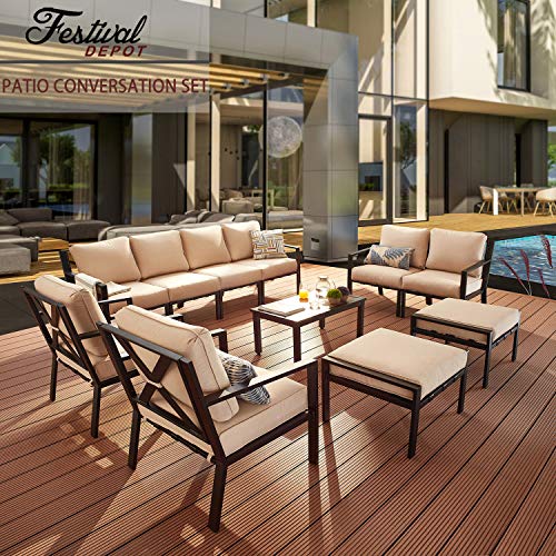 Festival Depot 11-Pieces Patio Outdoor Furniture Conversation Sets Loveseat Sectional Sofa, All-Weather Black X Slatted Back Armchair with Coffee Table and Removable Couch Cushions (Beige)