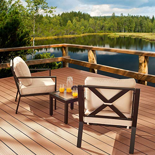 Festival Depot 3 Pieces Patio Outdoor Bistro Set Armrest Sofa Chairs with Seating Back Cushions Metal Side Coffee Table Garden