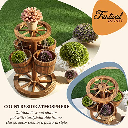 Festival Depot Rustic Outdoor Patio Furniture Wooden Wagon Barrel Flower Planter Pot Stand with Wheel, Buckets for Garden Backyard, Wood