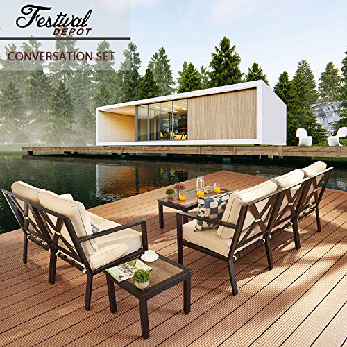 Festival Depot 7-Pieces Patio Outdoor Furniture Conversation Sets Loveseat Sectional Sofa, All-Weather Black Slatted Back Chairs with Coffee Side Table and Thick Soft Removable Couch Cushions (Beige)