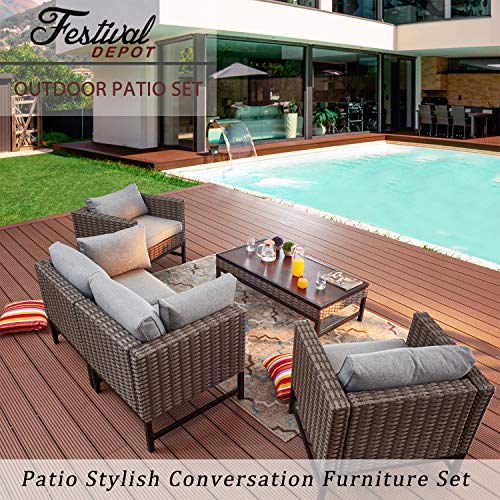 Festival Depot 5 Pieces Patio Outdoor Conversation Set Wicker Sofa Chairs with Seating Back Cushions Metal Side Coffee Table Garden (Gray)