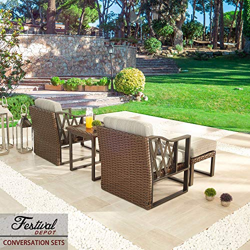 Festival Depot 5 Pcs Bistro Outdoor Patio Furniture Conversation Set Wicker Rattan Armchairs Rectangle Ottoman with Premium Fabric Cushion Square Side Coffee Table with Metal Slatted Steel Legs Frame