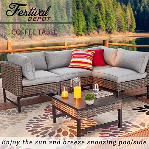 Festival Depot Metal Wood Grain Outdoor Side Table Metal Outdoor Side Coffee Table Patio Bistro Dining Table with Steel Legs Brown Black